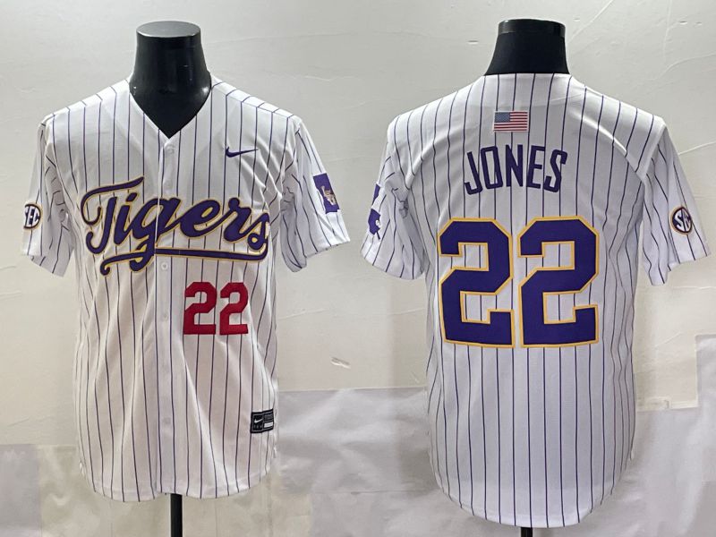 Men 2025 LSU Tigers #22 Jones White Stripe Nike Joint Name Nike NCAA Jersey style 4